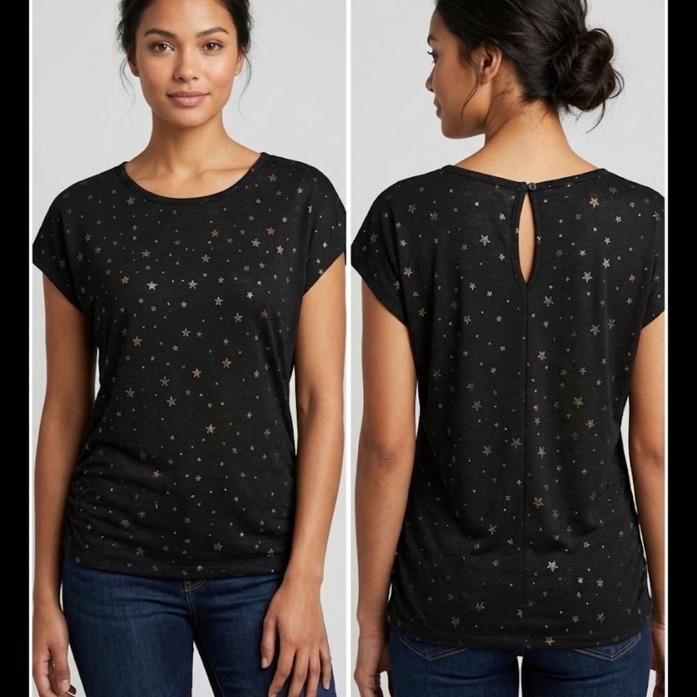Metallic Star Print Keyhole Black Dolman Short Sleeve Blouse Women M
